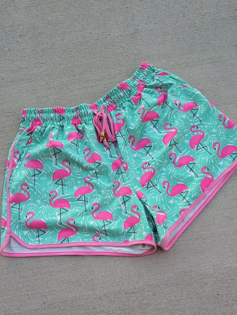 Jess Lea Large Flamingo Print Shorts Teal Pink Drawstring Elastic Waist Beach 3